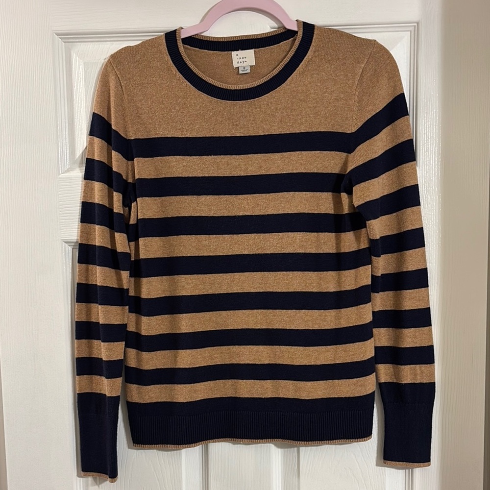 a new day Tan and Navy Striped Crewneck Sweater